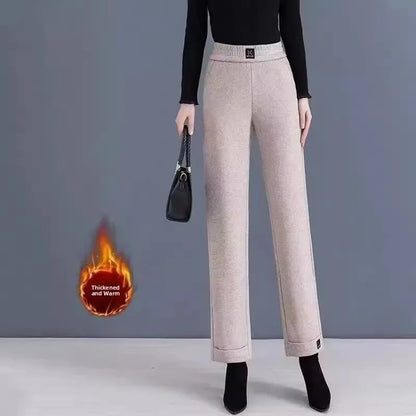 Women's Winter Fleece Lined Straight Leg Pants High Waist Casual Trousers Nine Point Length Autumn Winter Outerwear Versatile