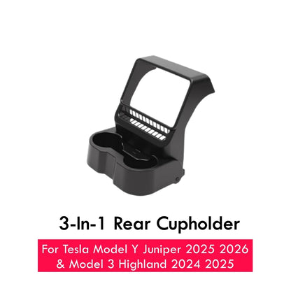 3-In-1 Design Rear Seat Cup Holder Organizer For Tesla Model Y Juniper 2025+ & Model 3 Highland 2024+ Retractable and Foldable