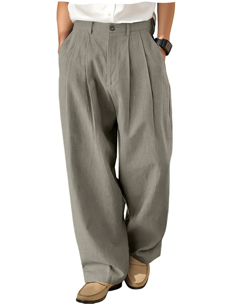 Men's Loose Pleated Wide Leg Pants Breathable Linen Blend Trousers Casual Business Suit Pants Summer Streetwear Daily Wear