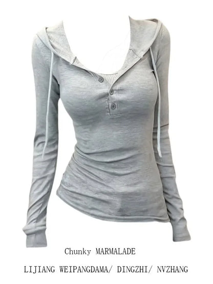 plus Size Women's Grey Long Sleeve Hoodie Slim Fit Base Shirt Korean Style Autumn New Arrival Fashionable Casual Top