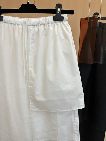 Summer European Style Women Two-piece Spliced Pants High Waist Loose Straight Leg Cropped Trousers Design Slim Casual Pants