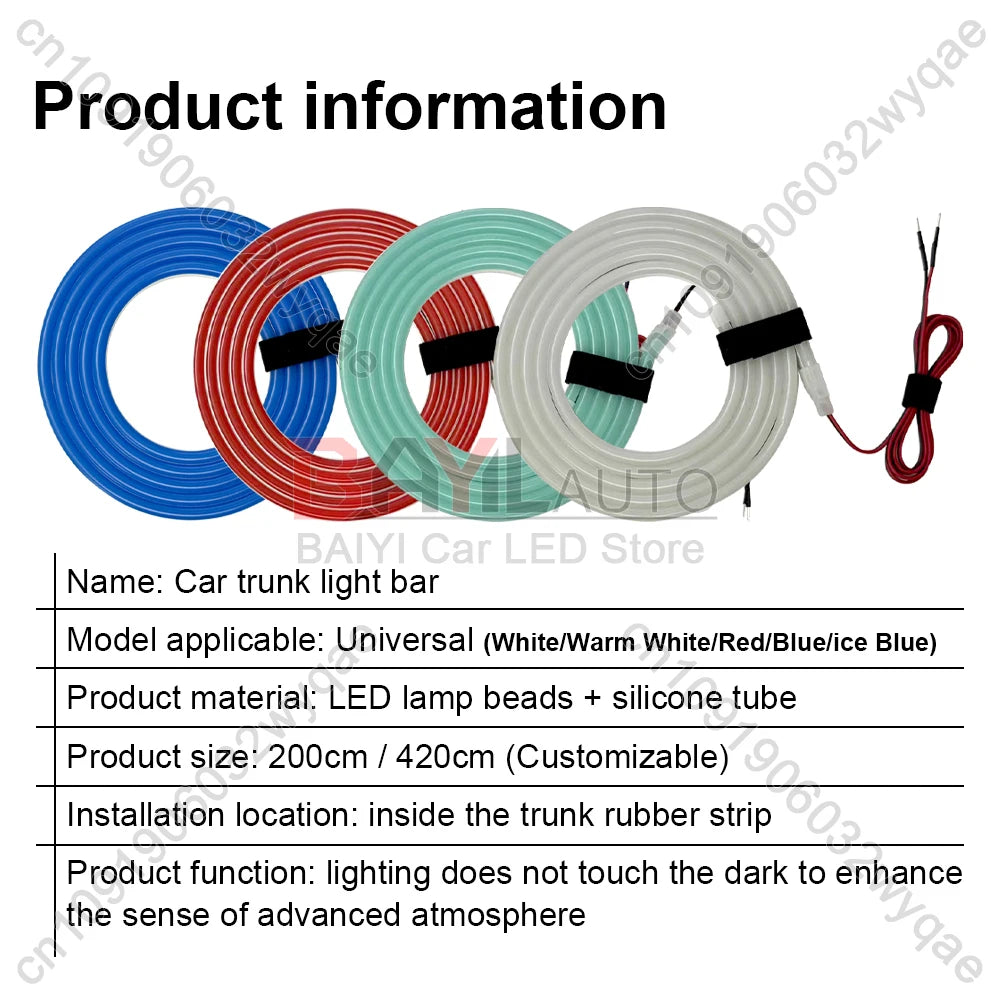 12V LED car atmosphere light, 200cm/420cm Car Universal trunk light bar, DIY can cut car tail lamp brightening Auto Accessories
