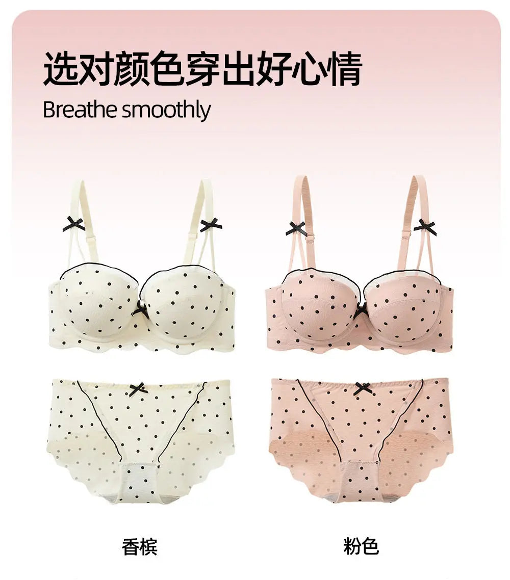 Ensemble Soutien-Gorge French Coquette à Pois Sans Armature, Effet Push Up Pour Petite Poitrine Forme Pêche, Confortable et Sexy