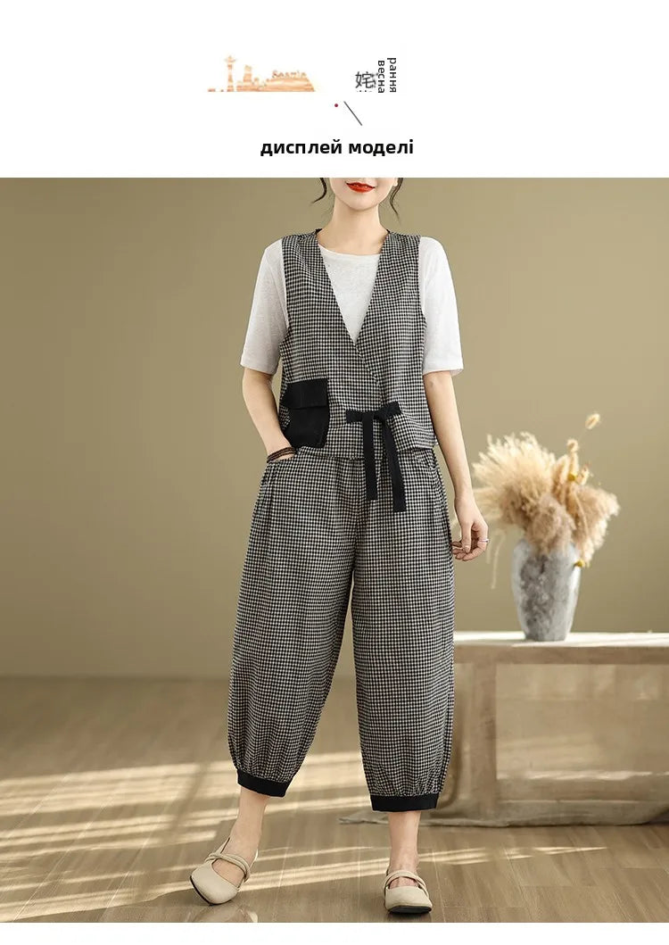 Fashionable Cotton Linen Plaid Set Casual Loose V-neck Tank Top And Lantern Pants Eighteen Loose Two-piece Set for Women
