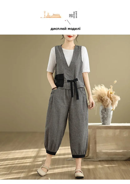 Fashionable Cotton Linen Plaid Set Casual Loose V-neck Tank Top And Lantern Pants Eighteen Loose Two-piece Set for Women