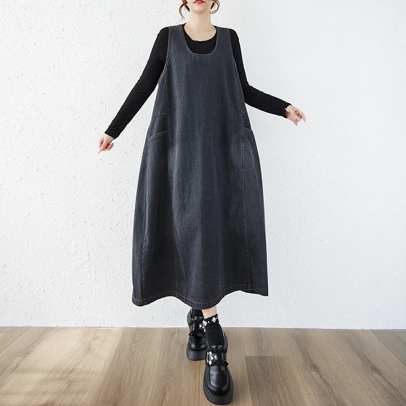 Artistic Loose Long Denim Vest Skirt Women's High Waist over Knee Slimming Cotton Casual Style Floral Embroidery Autumn Wear