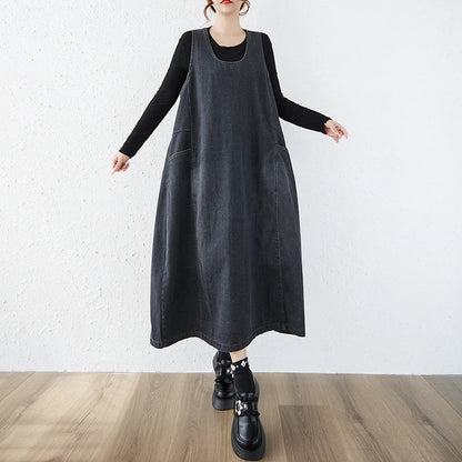 Artistic Loose Long Denim Vest Skirt Women's High Waist over Knee Slimming Cotton Casual Style Floral Embroidery Autumn Wear