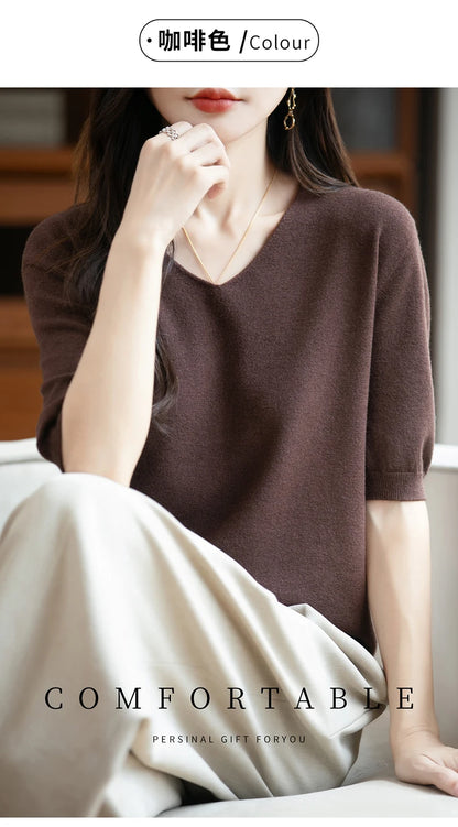 Thin Worsted Wool Short-Sleeved Women's Loose Round Neck T-shirt Printed Summer Fashion Knitted Bottoming Shirt Half-Sleeved