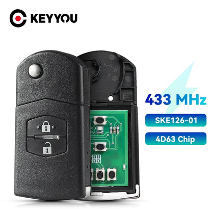 KEYYOU With Battery For Mazda 2 / 3 / 5 / 6 / MX5 / CX7 SKE126-01 Folding Remote Key Car Starter 2/3 Buttons 433MHz 4D63 Chip