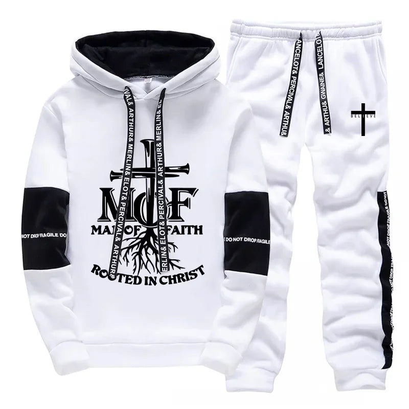 Man of Faith Hoodies Sweatpants Men's Tracksuit Autumn Winter Daily Casual Sporty Jogging Suit Urban Fashion Christ Jesus Outfit