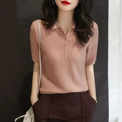 Yellow Polo Neck Shirt Button Knit Pink Women's T Shirts Plain Top Clothes Short Sleeve Tee New Synthetic Aesthetic Summer 2025