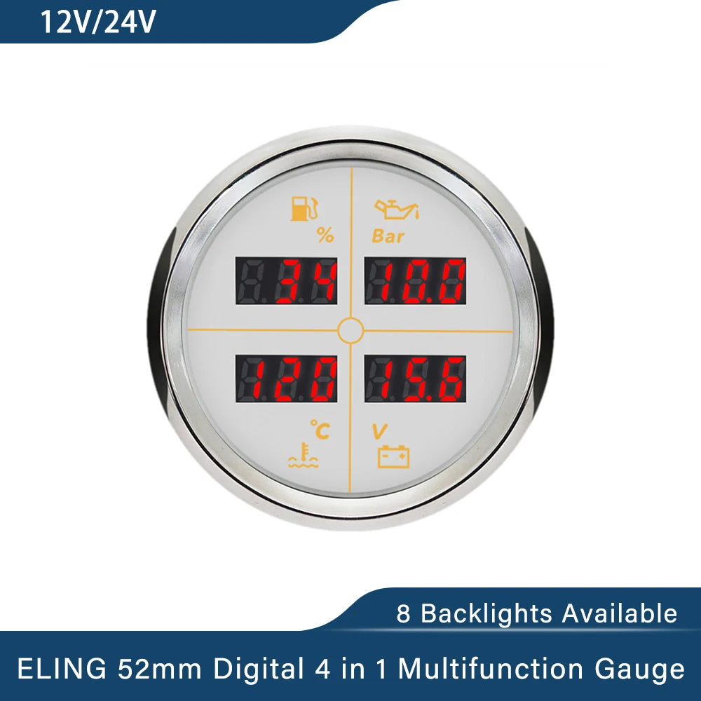 ELING Digital 52mm 85mm Car 4 in 1 Multifunction Gauge with Fuel Level Oil Pressure Water Temp. Voltmeter and 8 Colors Backlight