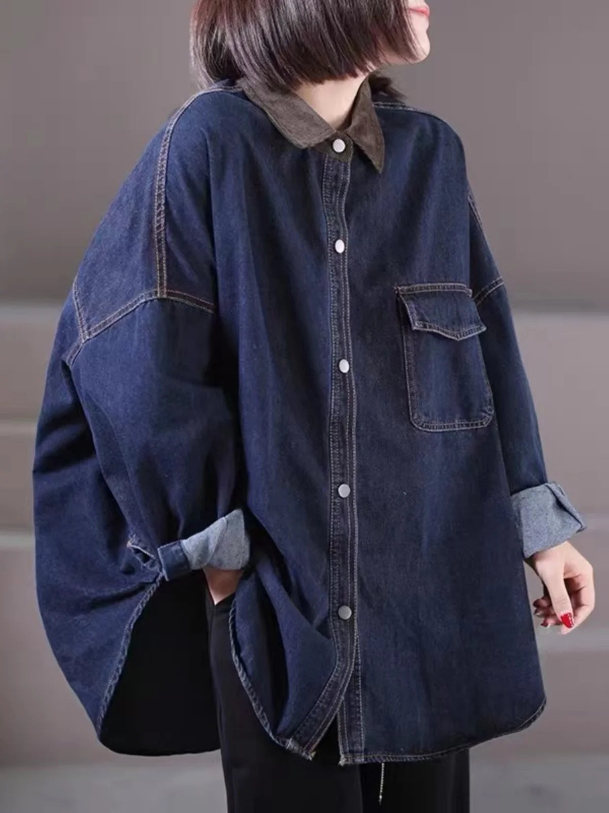 Loose Fit Women's Korean Style Corduroy Denim Shirt Jacket  Collar Splicing Oversize Outerwear Commute Fashion