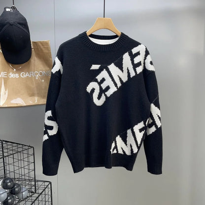 Crewneck Black Pullovers Round Collar Green Graphic Men's Clothing Knit Sweater Male Sweatshirts Japanese Retro Y2k Vintage Neck