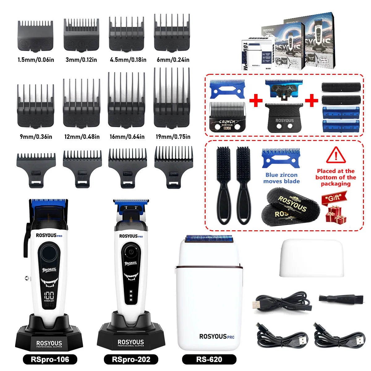 ROSYOUS RSpro-202 Hair Trimmer for Men DLC T-Blade 8000RPM Brushless Motor with Base Charger Professional Hair Cutting Machine