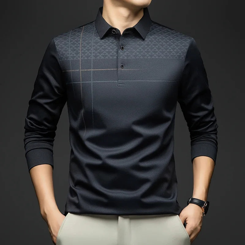 BROWON Luxury Brand Elegant Formal Polo Tshirts Men Graphic Design Long Sleeve Shirt Collar Office Work Polo Tops Man Clothing
