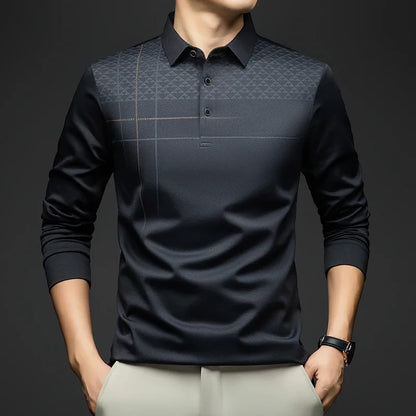 BROWON Luxury Brand Elegant Formal Polo Tshirts Men Graphic Design Long Sleeve Shirt Collar Office Work Polo Tops Man Clothing