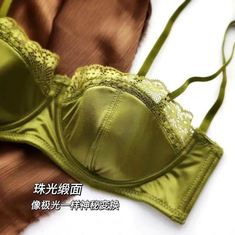 French Half Cup Lace Underwired Bra Set Ladies Thin Push Up Gather Fit No Gap Small Bust Comfortable Sexy Lingerie Two Piece Set