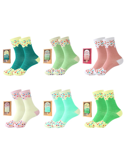 8 pair of mid-calf unisex socks in a novelty ice cream design, a unique and interesting festive gift.