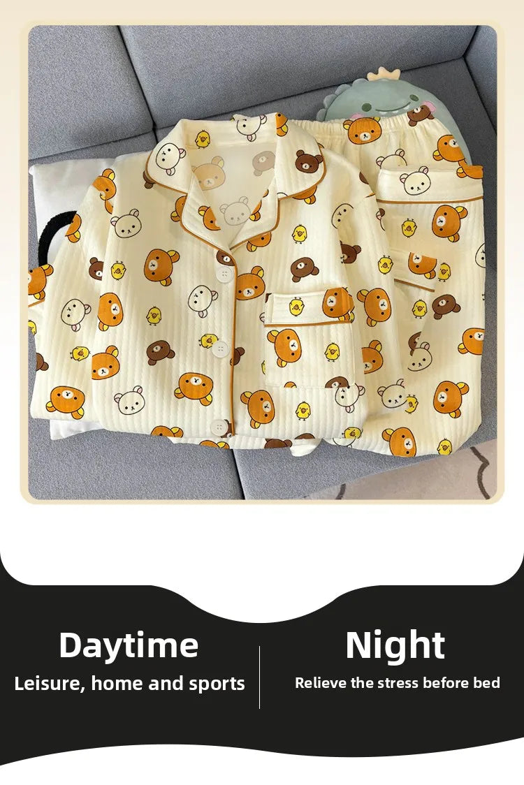 Thickened Air Cotton Sleepwear Set for Women Lazy Bear Cartoon Design Long Sleeve Long Pants Home Clothes Autumn Winter