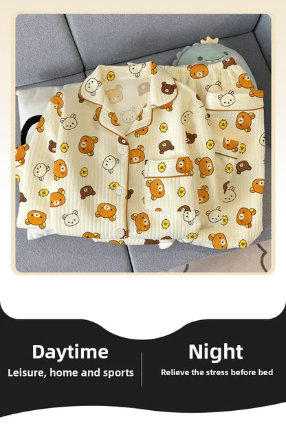 Thickened Air Cotton Sleepwear Set for Women Lazy Bear Cartoon Design Long Sleeve Long Pants Home Clothes Autumn Winter
