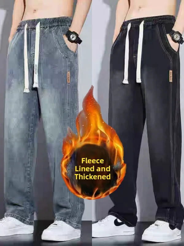 Retro American Wide Leg Men's Jeans Straight Thickened Fleece Loose Autumn Winter Wear Resistant Long Trousers Cotton Elastic...