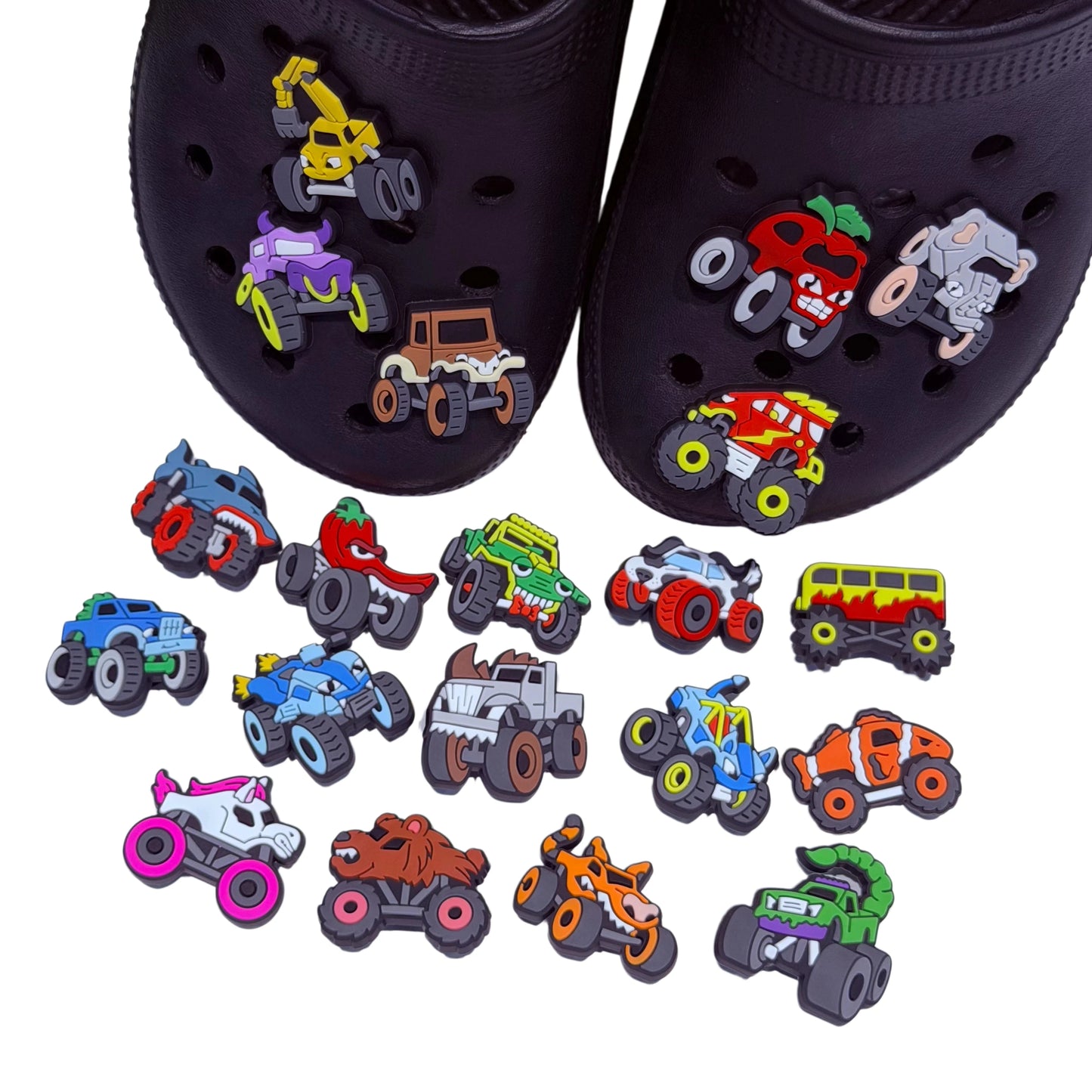 20-100Pcs Monster Off-road Vehicle PVC Shoe Charms Shark Cool Car Clog Buckle Decorations DIY Boys Wristband