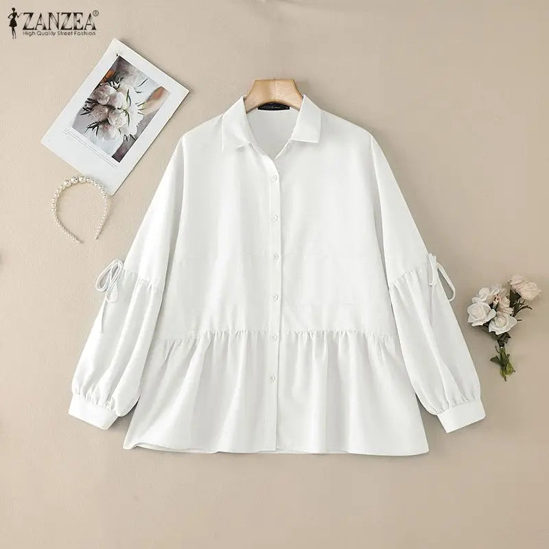 2025 Autumn Blouse ZANZEA Office Women Shirt Spring Elegant Lapel Neck Long Sleeve Tops Solid Button Up Blusas Lace-Up Chemise
