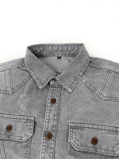 New style denim shirt, long-sleeved, new trend, men's casual shirt, versatile and high-end, double-pocket tie-dye top, color-mat