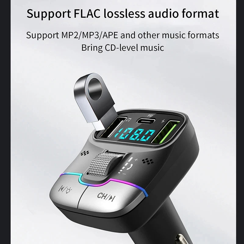 FM Transmitter Bluetooth 5.4 Hands-Free Portable Car AUX Radio Modulator MP3 Player with Fast Charging Adapter