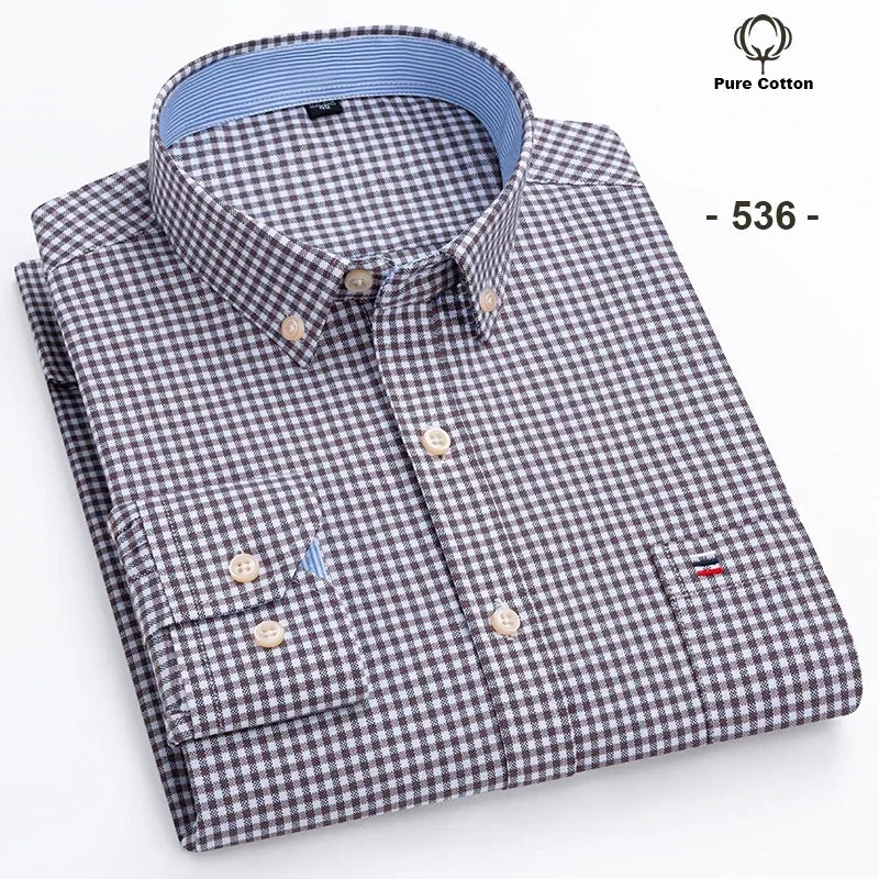 New In Shirt Plus Size 7XL 100% Cotton Oxford Long-Sleeve Shirts for Man Slim Fit Formal Plain Shirt Plaid Office Elegant Clothe