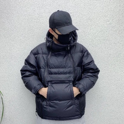 Tactical Double Zip Jacket Hooded Parkas Men Winter Down Cotton Coat Black Pullover Glossy Padded Jackets Casual Warm Outerwear