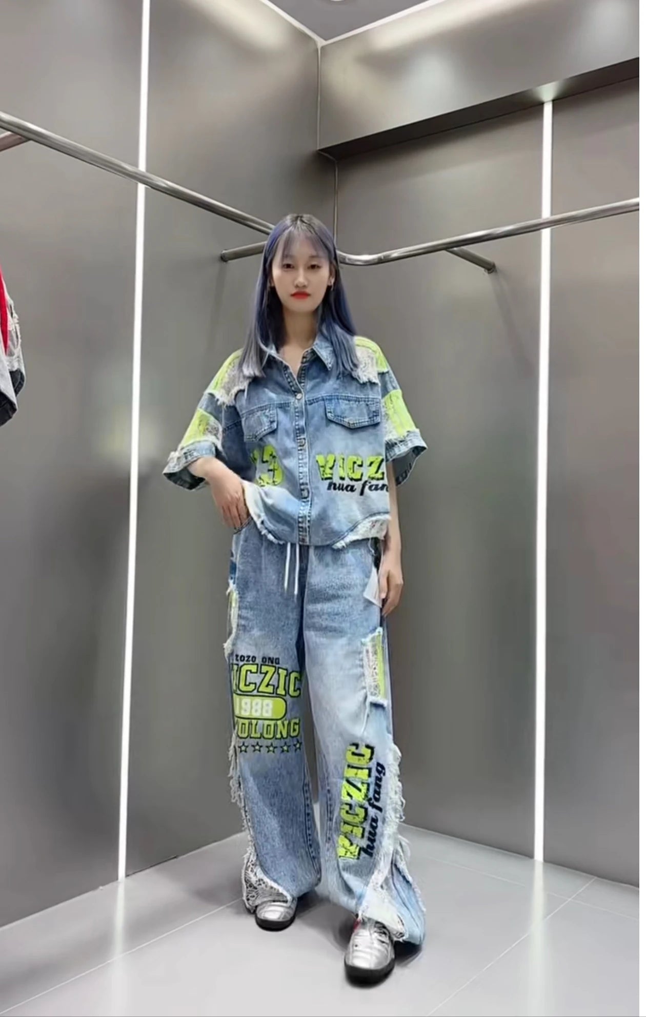 Casual Lace Hollow out Patchwork Summer New Women's Outfit Loose Top with Digital Letter Print Matching Long Pants