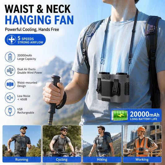 Portable Waist Clip Fan Small USB Charging Hanging Fan with LED Flashlight Outdoor Single/dual Air Outlet Fan 20000/10000Mah