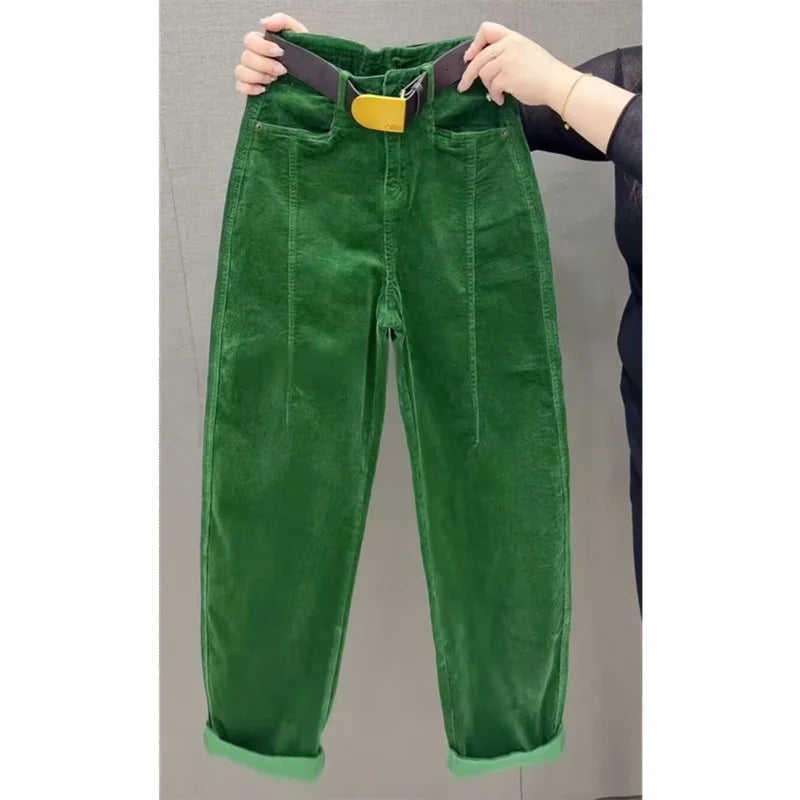 High Waist Cotton Corduroy Harlan Pants Slim Fit Casual Nine Point Knife  Straight Leg Crop Leisure Long Trousers