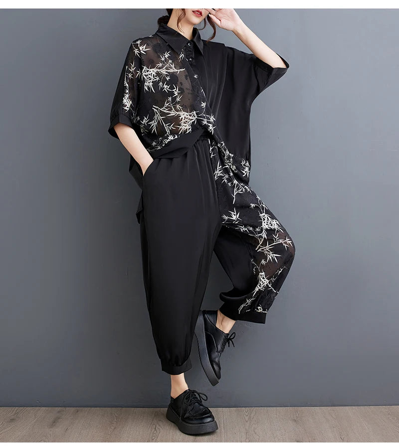 Summer New Loose Artistic Bamboo Print Cross Irregular irt Wide Leg Pants Two Piece Set Good Quali plus Size Faionable