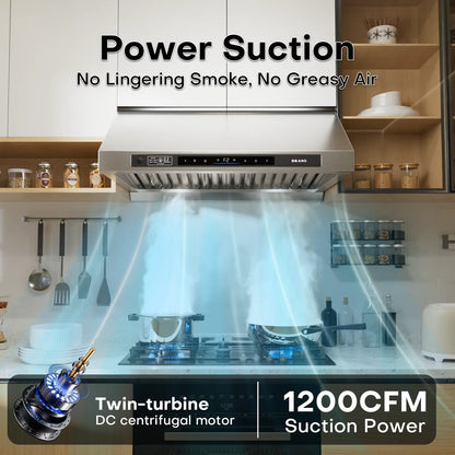 BRANO Under Cabinet Range Hood 30 Inch, 1200 CFM DC Motor Kitchen Hood with 6 Speeds Fan, Stainless Steel Ducted Vent Hood