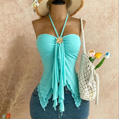 Ladies' asymmetrical collar camisole with shell decoration, suitable for beach vacations, summer, summer spring, Valentine's Day