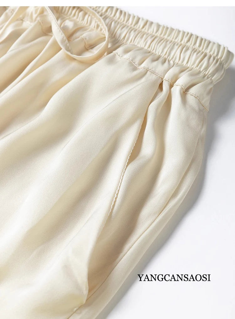 Vertical Naked Feeling 93% Natural Mulberry Silk Elastic Double Qiao Satin Elastic Waist Women's Fashionable Wide Leg Pants