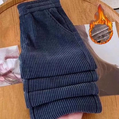 Autumn Winter Corduroy Wide Leg Pants Women's Fleece Lined Casual Thickened Loose Slimming plus Size Straight Leg Trousers