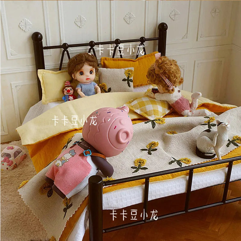1/6 1/12 Doll House Model Furniture Accessories Cotton Bedding Set Bjd Ob11 Gsc Blyth Lol Miniature Dollhouse Sheet Quilt Pillow