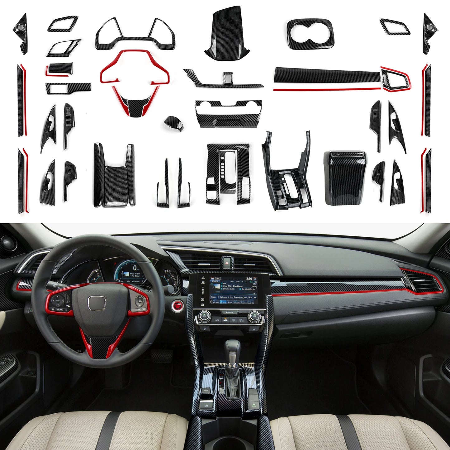 For Honda Civic 10th Gen (2016 -2021) Interior Accessories, Car Center Console Gear Shift Panel , Carbon Fiber ABS Trim Sticker