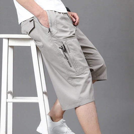 Summer Zipper Pocket Workwear Shorts Mens Knee Cargo Pants 2026 Cotton Shorts Men Climbing Jogger Elastic Waist Sports Work Wear