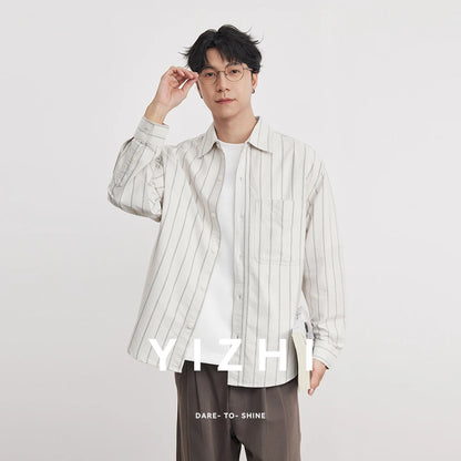 Fashion Oxford Wide Striped Cotton Lapel Long-sleeved Shirt Men Spring And Autumn 2026 New Men's Shirt Trend