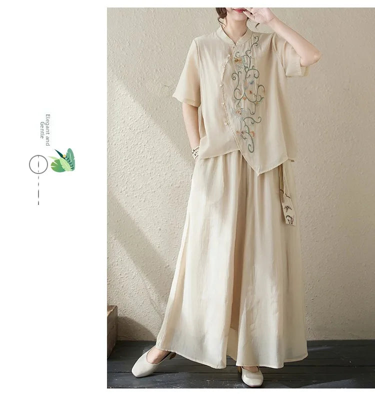 New National Style Heavy Embroidery  Set Women Summer Loose plus Size Fringed Wide Leg Pants Skirt Slimming Two Piece Set