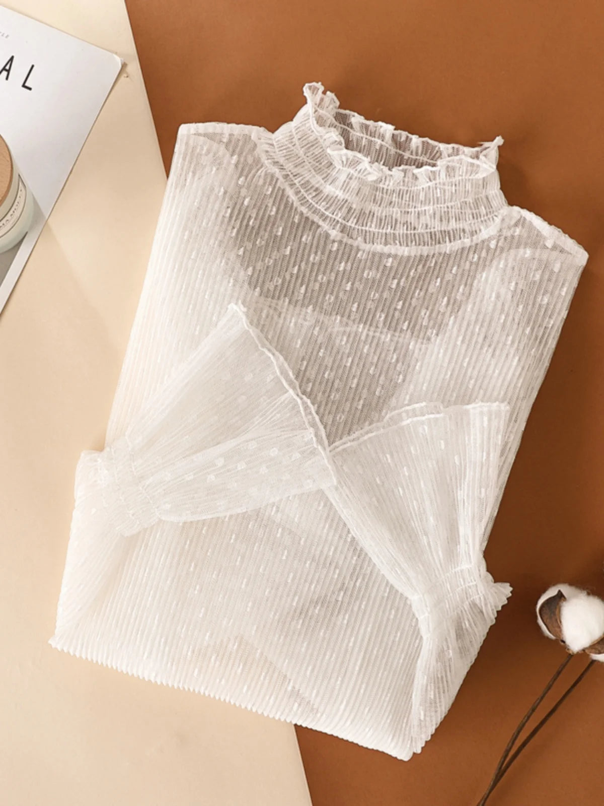 Elegant High Collar Lace Base Shirt Women's Long Sleeve Autumn Winter Fashion Inner Wear Polka Dot Mesh Top Straight Cut Holl...