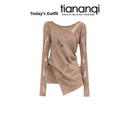 Fall Travel Set Women's Vintage Spicy Hollow Knitted Top with Mellerd Asymmetrical  Skirt Two-Piece Set Casual Style