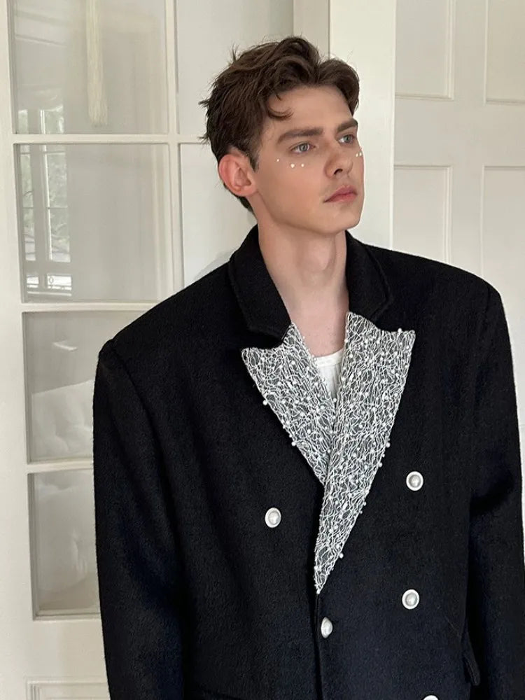 New Mens Designer Autumn Winter Woolen Coat Double Breasted Loose Fit Elegant Party Overcoat Casual Office Men Fashion Trench