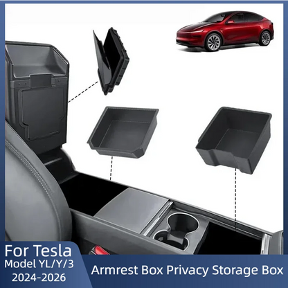 For Tesla Model 3/Y/YL 2024-2026 Hidden Storage Center Console Armrest Front And Rear Flocking Layered Grid Organized Container