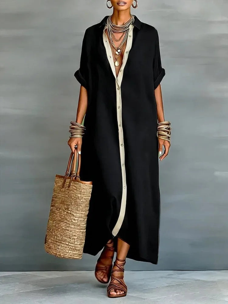 UOOZEE Women's Contrast Trim Minimalist Shirt Dress 2026 New Half Sleeves Loose Buttoned Casual Going Out Vacation Maxi Dresses